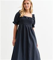 Women's Petite Navy Puff Sleeve Midi Dress New Look