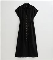 Women's Black Linen-Look Shirred Waist Midi Shirt Dress New Look