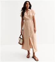 Women's Camel Linen-Look Shirred Waist Midi Shirt Dress New Look