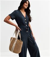Women's Navy V Neck Button Front Jumpsuit New Look