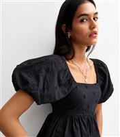 Women's Black Daisy Embroidery Puff Sleeve Milkmaid Top New Look