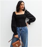 Women's Black Shirred Long Sleeve Top New Look