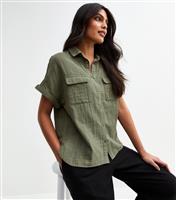 Women's Khaki Striped Flap Pocket Shirt New Look