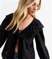Women's Black Broderie Anglaise Frill Collar Blouse New Look