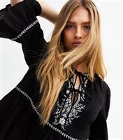 Women's Black Floral Embroidered Tie Front Smock Top New Look