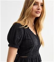 Women's Black Broderie Anglaise Trim Oversized Collar Top New Look