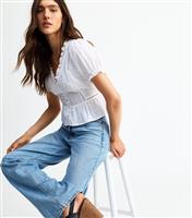 Women's White Broderie Anglaise Trim Oversized Collar Top New Look