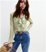 Women's Green Ruffled Tie Neck Blouse New Look