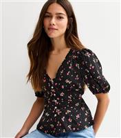 Women's Petite Black Floral Print V-Neck Top New Look