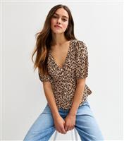 Women's Petite Brown Crepe Leopard Print Top New Look