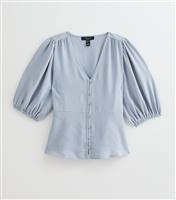 Women's Petite Blue Crinkle Texture Button Front Tea Blouse New Look