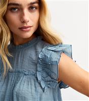 Women's Blue Ruffle Trimmed Semi Sheer Top New Look