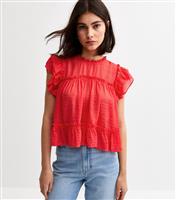 Women's Red Ruffle Trimmed Semi Sheer Top New Look