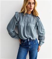 Women's Blue Frilly Trimmed Lace Insert Blouse New Look