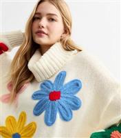 Women's Cream Knitted Florals Roll Neck Jumper Gini London New Look