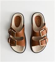 Women's Tan Faux Leather Whipstitch Detail Sandals Vegan New Look