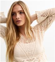 Women's Off White Crochet Long Sleeve Top New Look