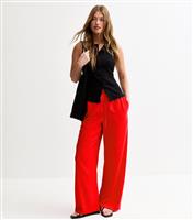 Women's Bright Red Linen Blend Drawstring Waist Trousers New Look