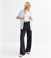 Women's Tall Navy Linen Blend High Waisted Wide Leg Trousers New Look