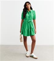 Women's Green Textured Belted Tiered Shirt Dress New Look