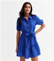 Women's Blue Textured Belted Tiered Shirt Dress New Look