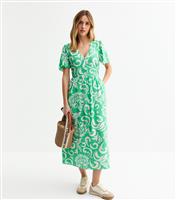 Women's Green Pattern Print Buttoned Midi Dress New Look