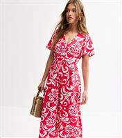 Women's Red Pattern Print Buttoned Midi Dress New Look