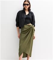 Women's Khaki Crinkled Sarong Midi Skirt New Look