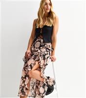 Women's Black Floral Print Ruffle Trim Chiffon Midi Skirt New Look