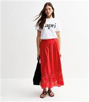 Women's Red Embroidered Cutout Hem Midi Skirt New Look