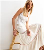 Women's Off White Embroidered Trim Tiered Midi Skirt New Look