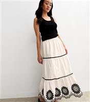 Women's White Floral Embroidered Tiered Midi Skirt New Look
