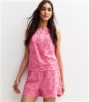 Women's Bright Pink Floral Embroidered Shorts New Look