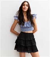 Women's Black Textured Embroidered Lace Trim Tiered Mini Skirt New Look