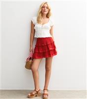 Women's Bright Red Textured Embroidered Lace Trim Tiered Mini Skirt New Look