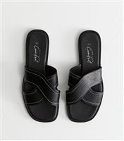 Women's Black Faux Leather Crossover Strap Mule Sandals Vegan New Look