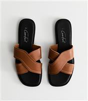 Women's Tan Faux Leather Crossover Strap Mule Sandals Vegan New Look