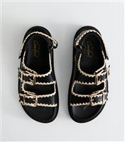 Women's Black Whipstitched Faux Leather Sandals Vegan New Look