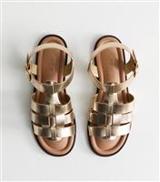 Women's Gold Faux Leather Multi Strap Gladiator Sandals Vegan New Look