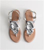 Women's Silver Faux Leather Hyacinth Flower Embellished Flat Sandals Vegan New Look