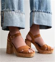 Women's Brown Faux Suede Cork Platform Heeled Sandals Vegan New Look