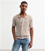 Men's Stone Relaxed Textured Knit Bowling Shirt New Look