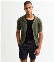 Men's Khaki Relaxed Textured Knit Bowling Shirt New Look