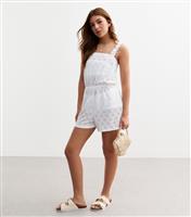 Girls' White Broderie Anglaise Frill Sleeve Playsuit New Look