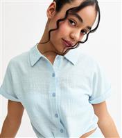 Girls' Light Blue Tie Front Gauze Shirt New Look