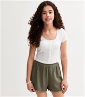 Girls' Light Green Textured Lettuce Hem Shorts New Look