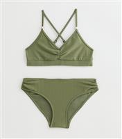 Girls' Khaki Wave Ribbed Bikini New Look