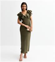 Women's Khaki Satin Ruffled Midi Dress New Look