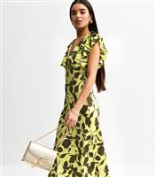 Women's Green Satin Floral print Ruffle Trim Midi Dress New Look