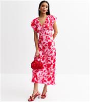 Women's Pink Satin Floral print Ruffle Trim Midi Dress New Look